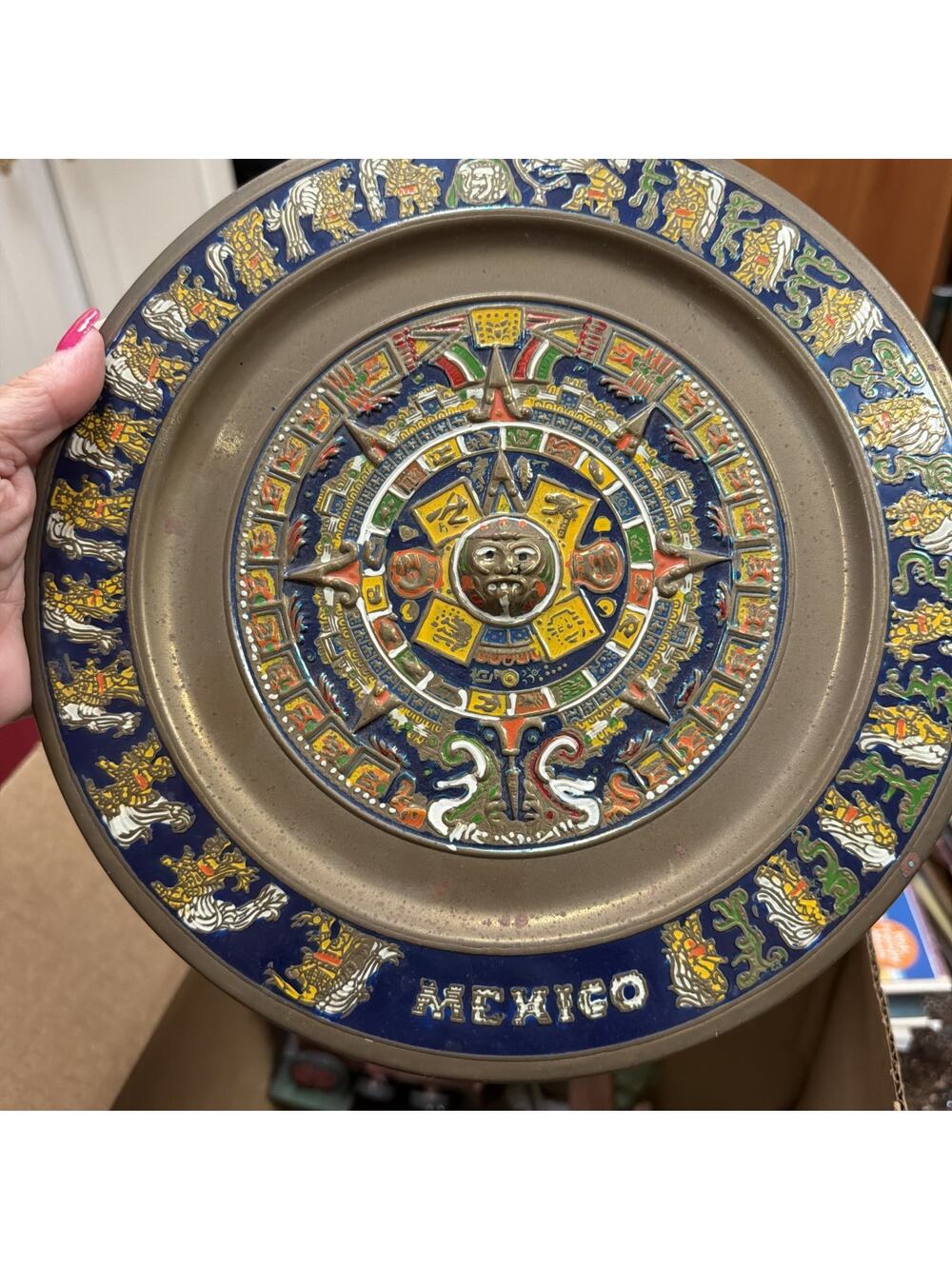 11" Metal Plate Mexico Mayan‎ Aztec Calendar Mexicana Art Brass Wall Vtg Decor